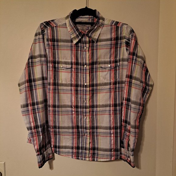 Wrangler Women's Plaid Pearl Snap Front Long Sleeve Top Sz Large or Med Fit - Picture 1 of 9